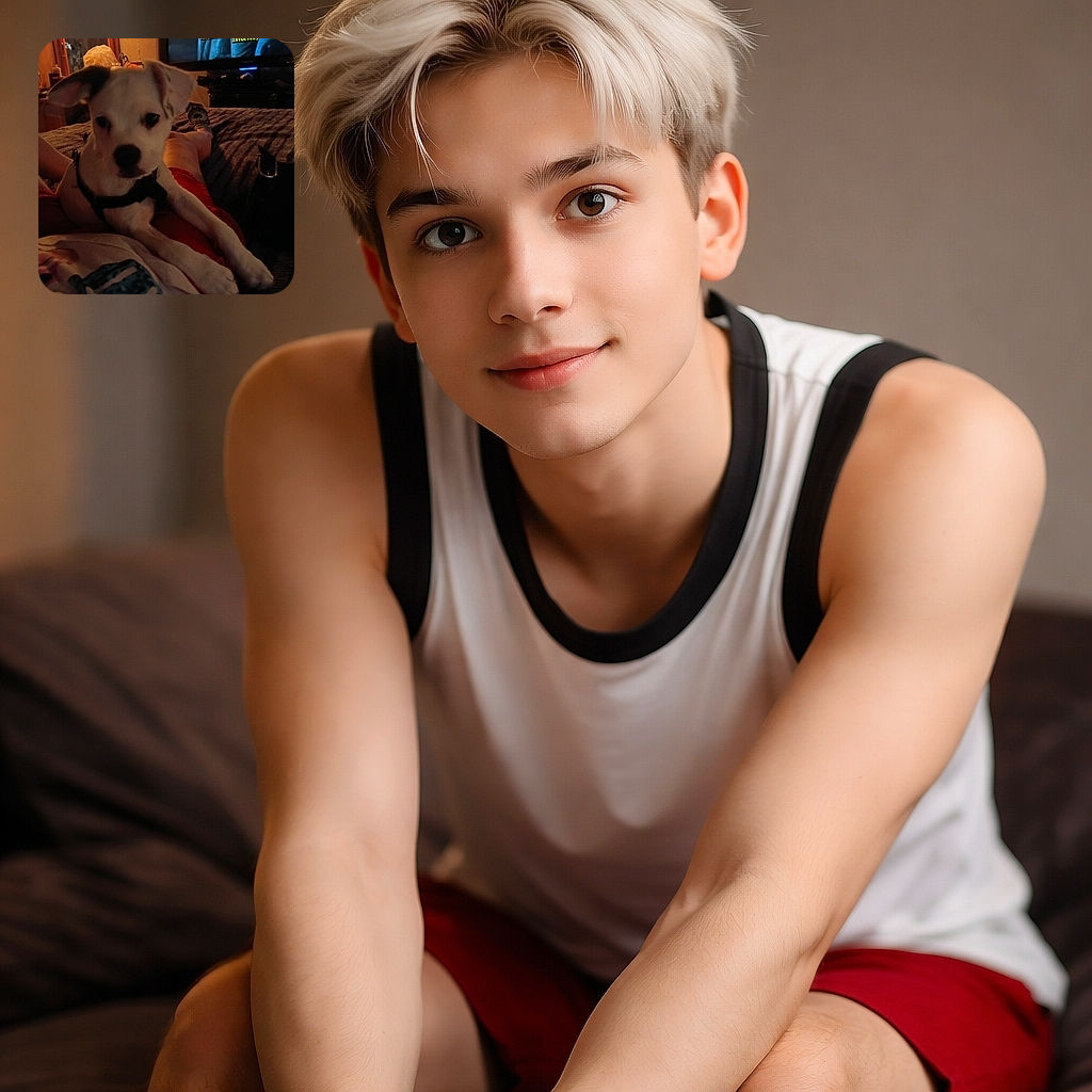 A cozy evening scene with a curious puppy lounging on a person's lap, while a TV screen in the background displays subtitles about a hacker. The warm lighting and casual setting make it feel like a relaxed night in with furry companionship and some intrigue on screen.