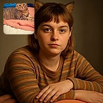 A chubby tabby cat lounges on a cozy peach blanket, looking slightly unimpressed but undeniably regal. Behind the cat, a blue pet carrier adds a pop of color, while the soft lighting highlights the cat's stripes and whiskers. The word 'mood' with a red heart emoji floats above the cat's head, perfectly capturing its chill vibe.
