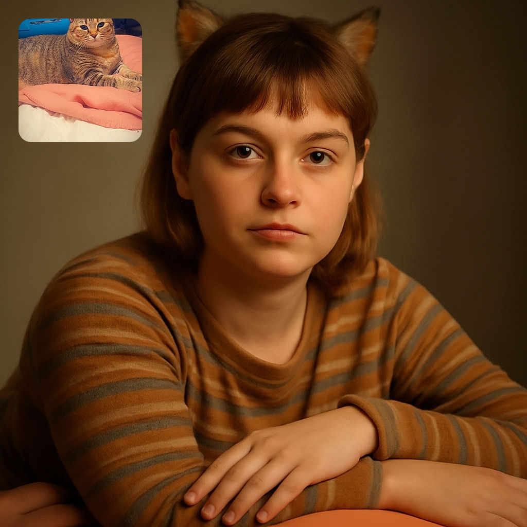 A chubby tabby cat lounges on a cozy peach blanket, looking slightly unimpressed but undeniably regal. Behind the cat, a blue pet carrier adds a pop of color, while the soft lighting highlights the cat's stripes and whiskers. The word 'mood' with a red heart emoji floats above the cat's head, perfectly capturing its chill vibe.