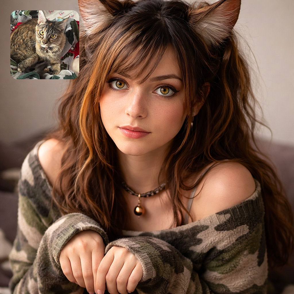 A curious tabby cat with striking yellow eyes lounges comfortably on a cozy blanket adorned with green and white patterns, surrounded by soft toys and a festive sheet with candy cane prints, giving off major cozy vibes.