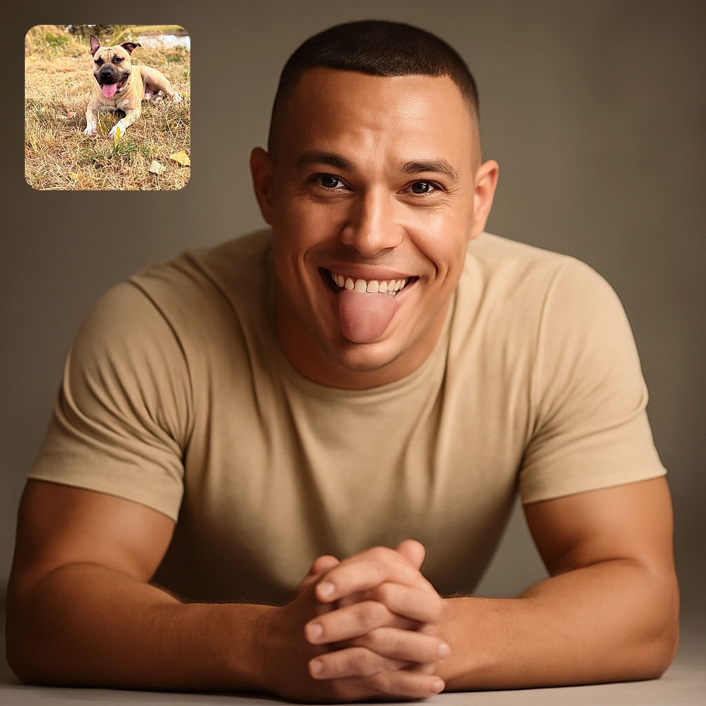 A happy dog lounges on a patch of dry grass with its tongue out, enjoying a sunny day near a blurred natural background of trees and water.