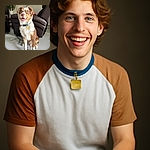 A happy, fluffy dog with striking blue eyes sits obediently on a shiny marble floor in a cozy living room, looking up with a joyful expression as if ready for a treat or a game.