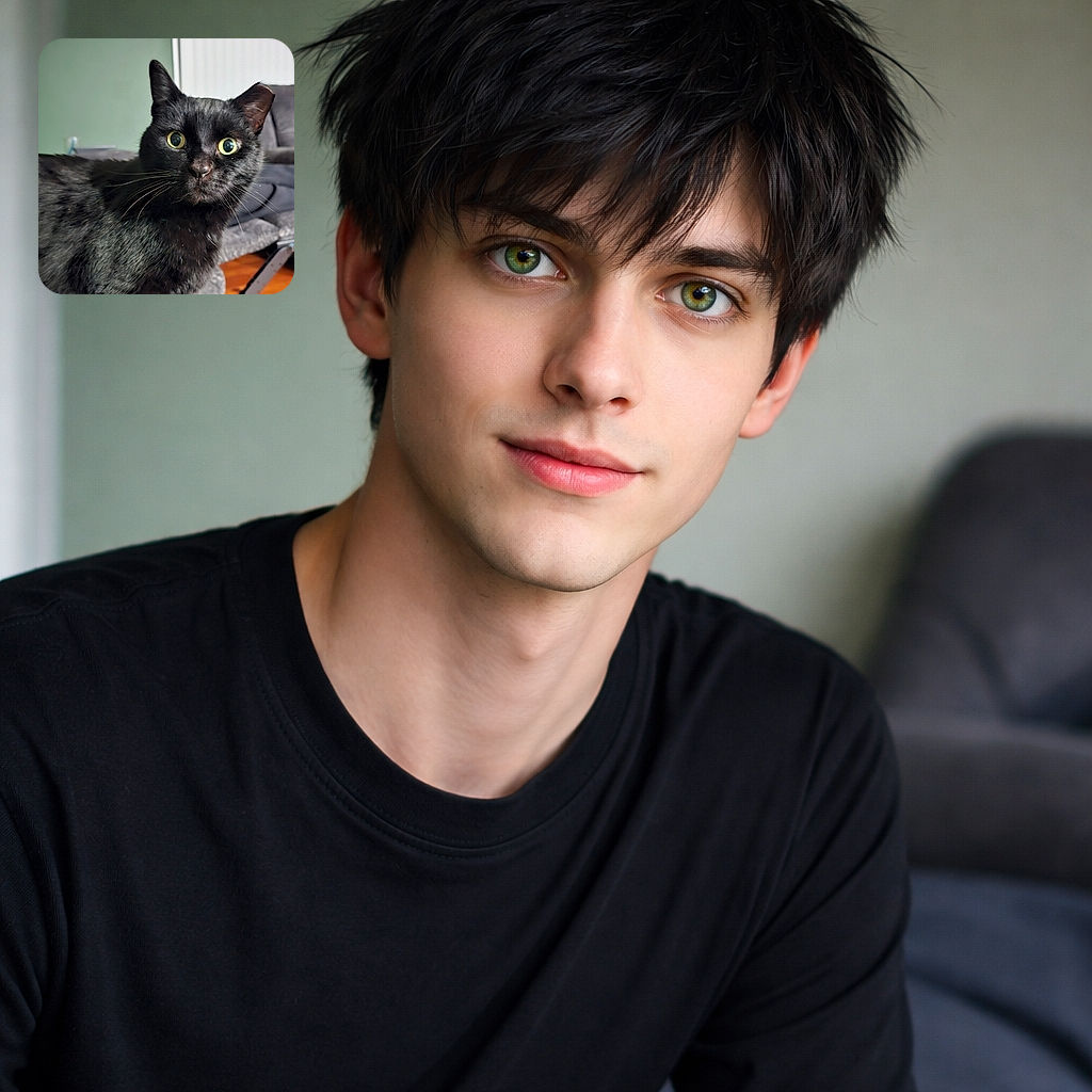 A wide-eyed black cat stares into the camera like it just remembered where it hid all the treats — glossy green eyes, twitching whiskers, and sleek fur in sharp focus against a soft indoor couch and living-room background.
