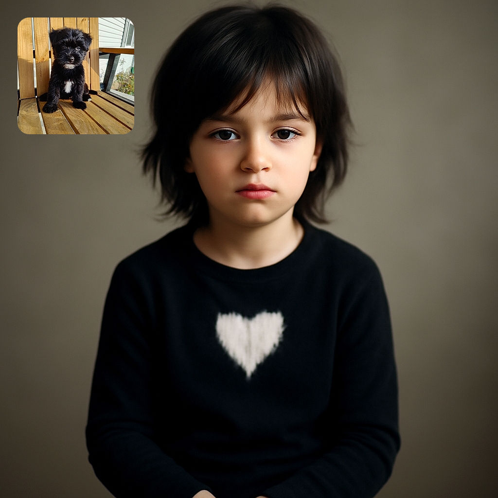 A fluffy black puppy with a white patch on its chest sits adorably on a wooden bench, bathed in warm sunlight with a cozy porch and house exterior in the background.