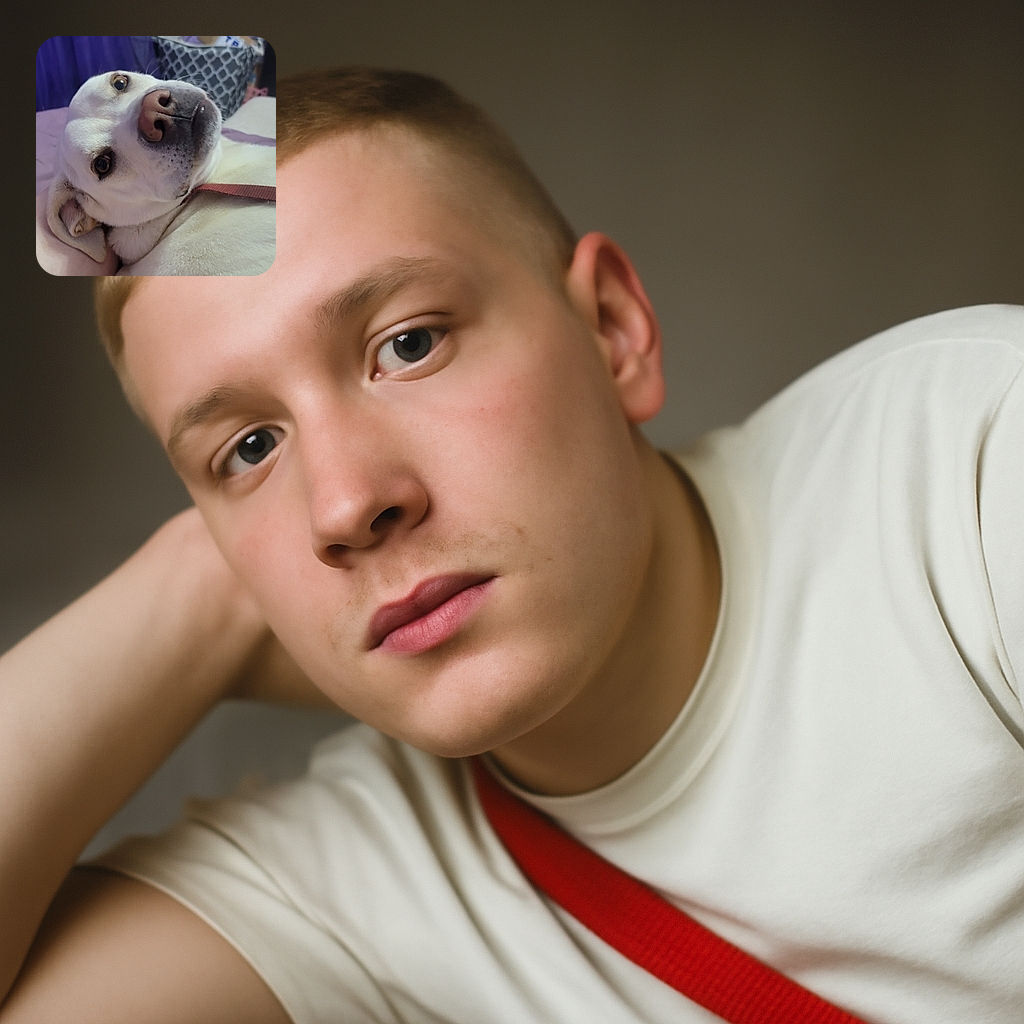 A close-up photo of a white dog lying down with an inquisitive expression, big nose in focus, and soft background featuring a laundry basket and purple curtains.