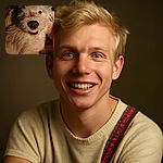 A close-up of a scruffy white dog showing off its teeth in what looks like a goofy smile, with a colorful patterned background and a warm indoor lighting vibe.