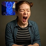 A blurry, blue-lit photo of a yawning or roaring tabby cat sitting on a person's lap with the person barely visible in the background.