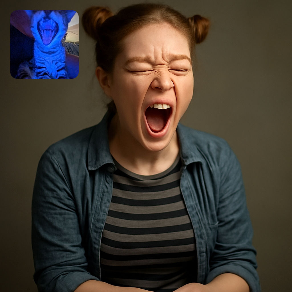 A blurry, blue-lit photo of a yawning or roaring tabby cat sitting on a person's lap with the person barely visible in the background.