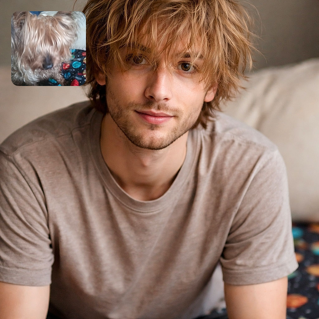 A shaggy little Yorkie steals the spotlight with hair covering most of its face, nose just peeking through above a colorful planet-patterned blanket — a delightful blurry mess of fur and curiosity, with a hand holding a phone lurking in the background.