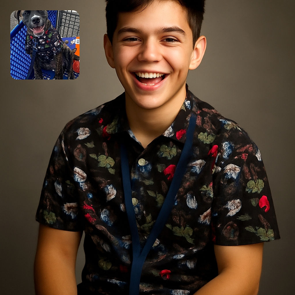 A happy puppy wearing a colorful patterned shirt sits comfortably inside a blue shopping cart, smiling with its tongue slightly out, ready for a shopping adventure or just stealing hearts.