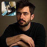 A scruffy little dog lounges on a blue bedspread, looking off to the side with curious eyes. The background shows a hanging garment and a room with a fan, giving a cozy, lived-in vibe. The photo has a casual, candid feel with some noise and slight blur.