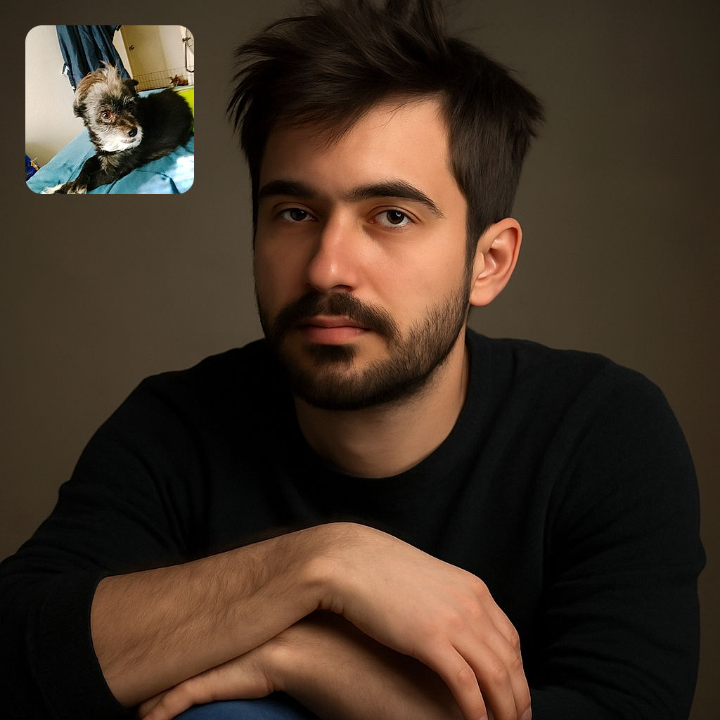 A scruffy little dog lounges on a blue bedspread, looking off to the side with curious eyes. The background shows a hanging garment and a room with a fan, giving a cozy, lived-in vibe. The photo has a casual, candid feel with some noise and slight blur.