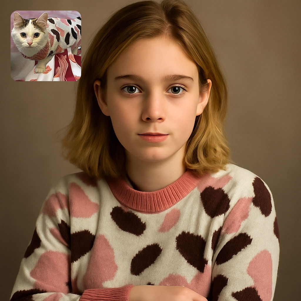 A curious cat wearing a cozy, patterned sweater stands on a soft, colorful blanket, looking directly at the camera with wide eyes, ready to pounce or pose for its next modeling gig.