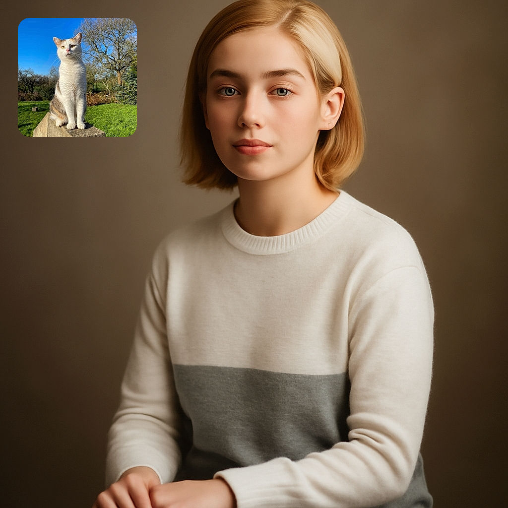 A majestic cat sits proudly on a concrete ledge under a clear blue sky, looking like the ruler of the garden kingdom with trees and greenery in the background.