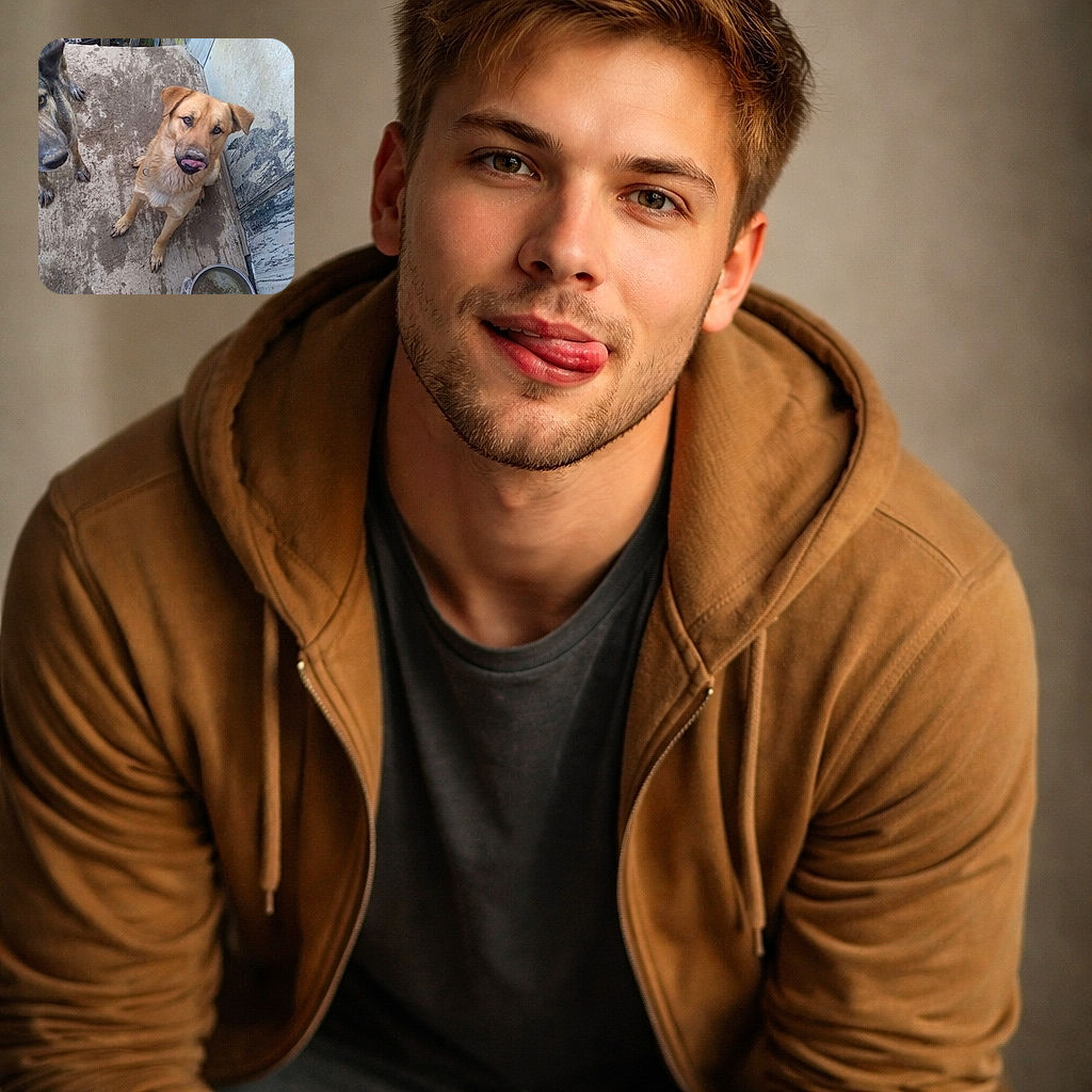 Two muddy dogs stare up like they just auditioned for 'Who Ate the Dinner?' — the tan one licking its nose with a dusting of dirt, the brindle one giving a suspicious side-eye beside a half-full water bowl on a scuffed porch by a peeling-painted wall.