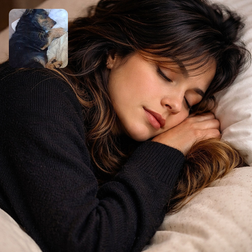 A scruffy dog is deep in dreamland, sprawled on a pile of blankets with its nose tucked into a pillow — looks like it's practicing for a professional napping competition.