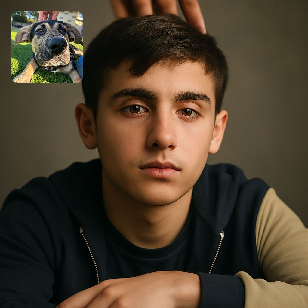 A close-up shot of a curious dog laying on green grass, with a hand gently petting its head. The dog's big nose is prominently in the foreground, giving a playful and adorable perspective. The background is softly blurred, showing an outdoor setting with trees and buildings.