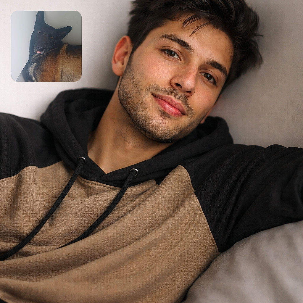 A goofy big-eared dog flopped in the corner, giving the camera a sleepy side-eye with its tongue peeking out — looks part model, part houseplant. The warm brown and black coat fills the frame while a plain white wall and tile floor keep the vibe minimal and very cozy.