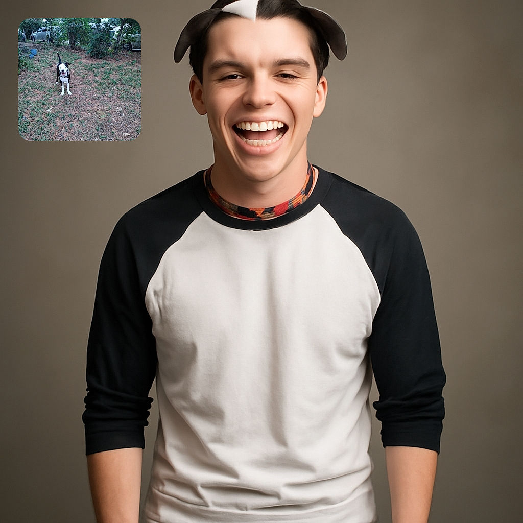 A cheerful black and white dog stands in a backyard covered with pine needles and patches of grass, surrounded by trees and parked vehicles in the background, looking ready for a game of fetch or a friendly bark.