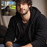 A shaggy, philosophizing pup perched on the windowsill, staring out at the sunny park like it’s contemplating squirrel politics — fur tousled by a life of adventures (or naps).