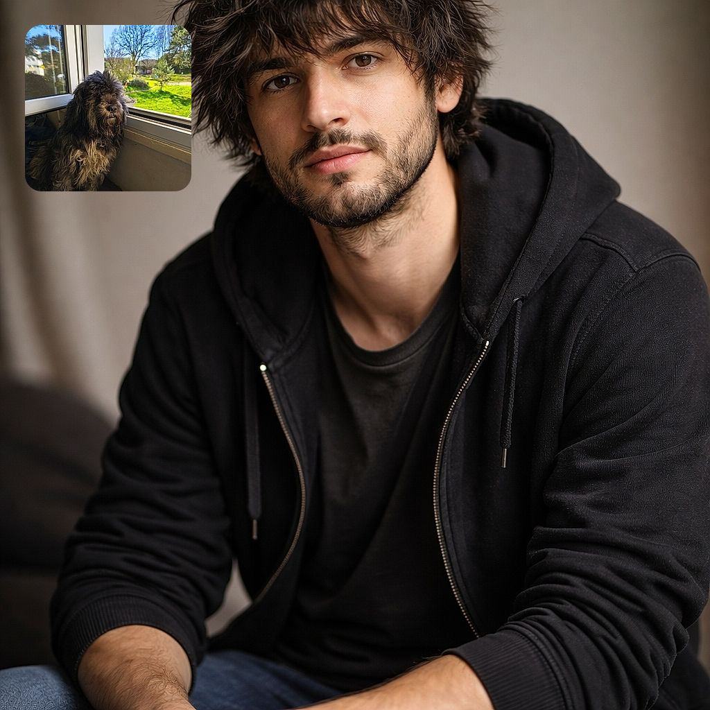 A shaggy, philosophizing pup perched on the windowsill, staring out at the sunny park like it’s contemplating squirrel politics — fur tousled by a life of adventures (or naps).