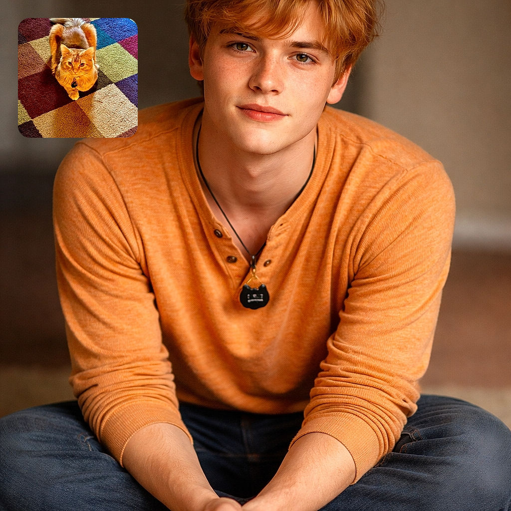 A fluffy orange cat with a collar tag is sitting attentively on a colorful checkered carpet, looking straight up with curious eyes, casting a shadow on the warm-toned squares beneath.