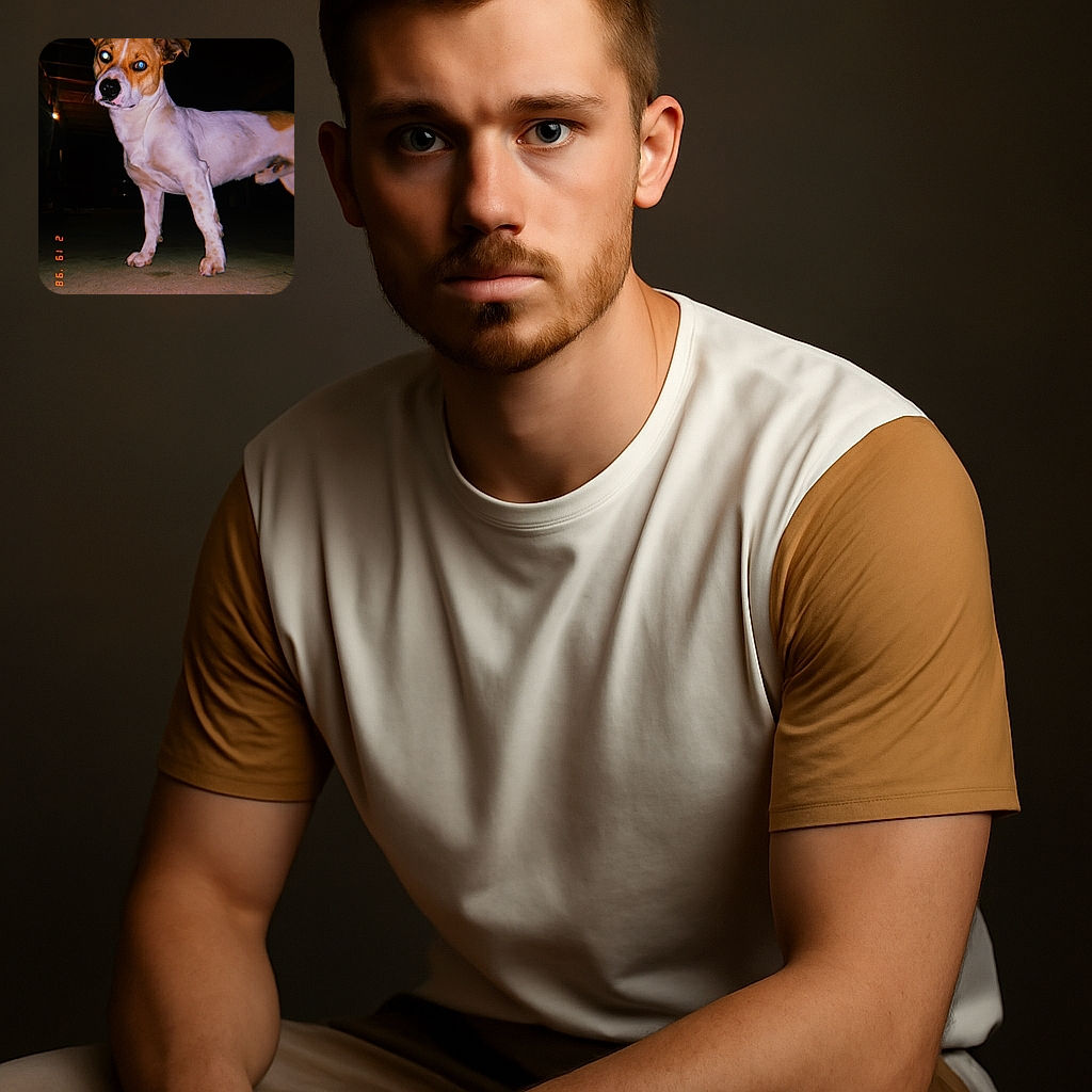 A curious dog stands alert on a concrete floor in a dimly lit space, its eyes reflecting the camera flash like tiny headlights, giving it a slightly spooky but endearing look.