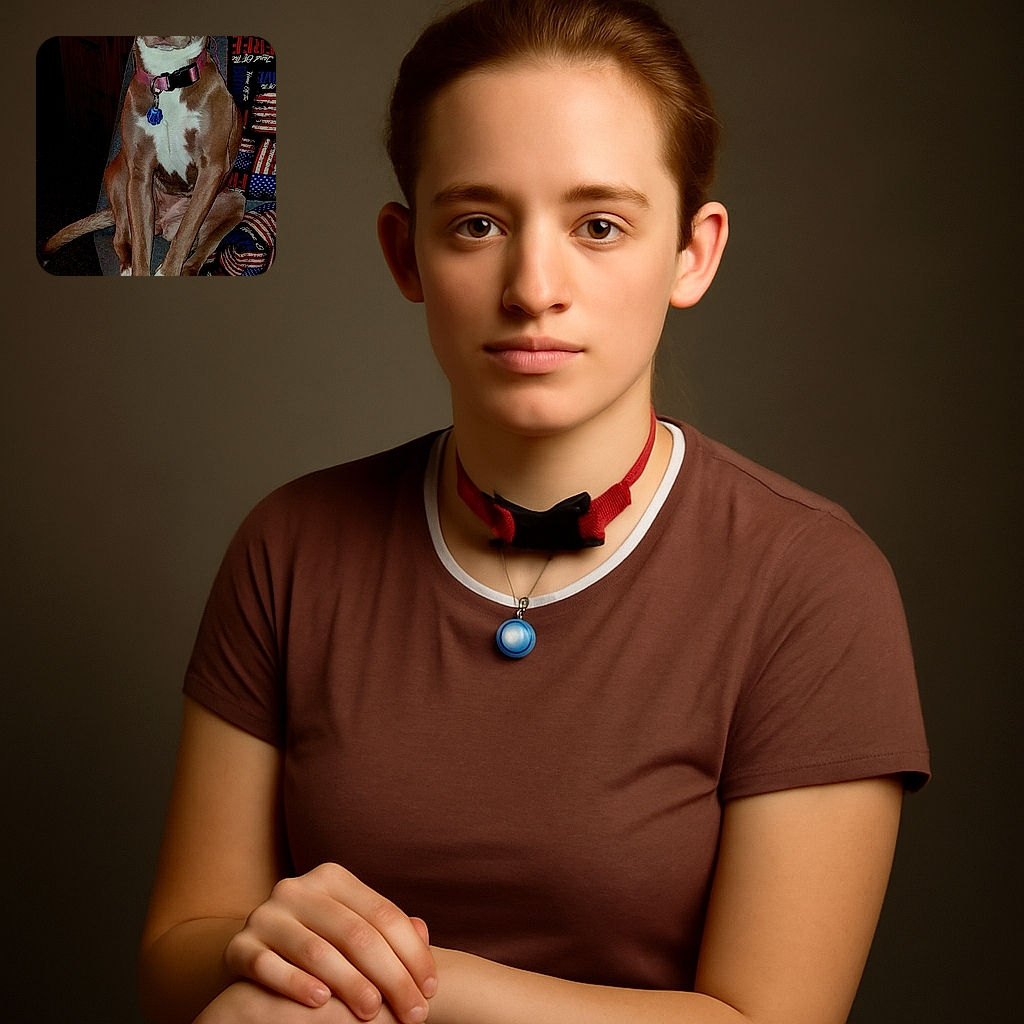 A dog with a pink collar sits upright on a patterned chair, staring intently with glowing eyes from the camera flash, surrounded by a cozy room with furniture and blankets.