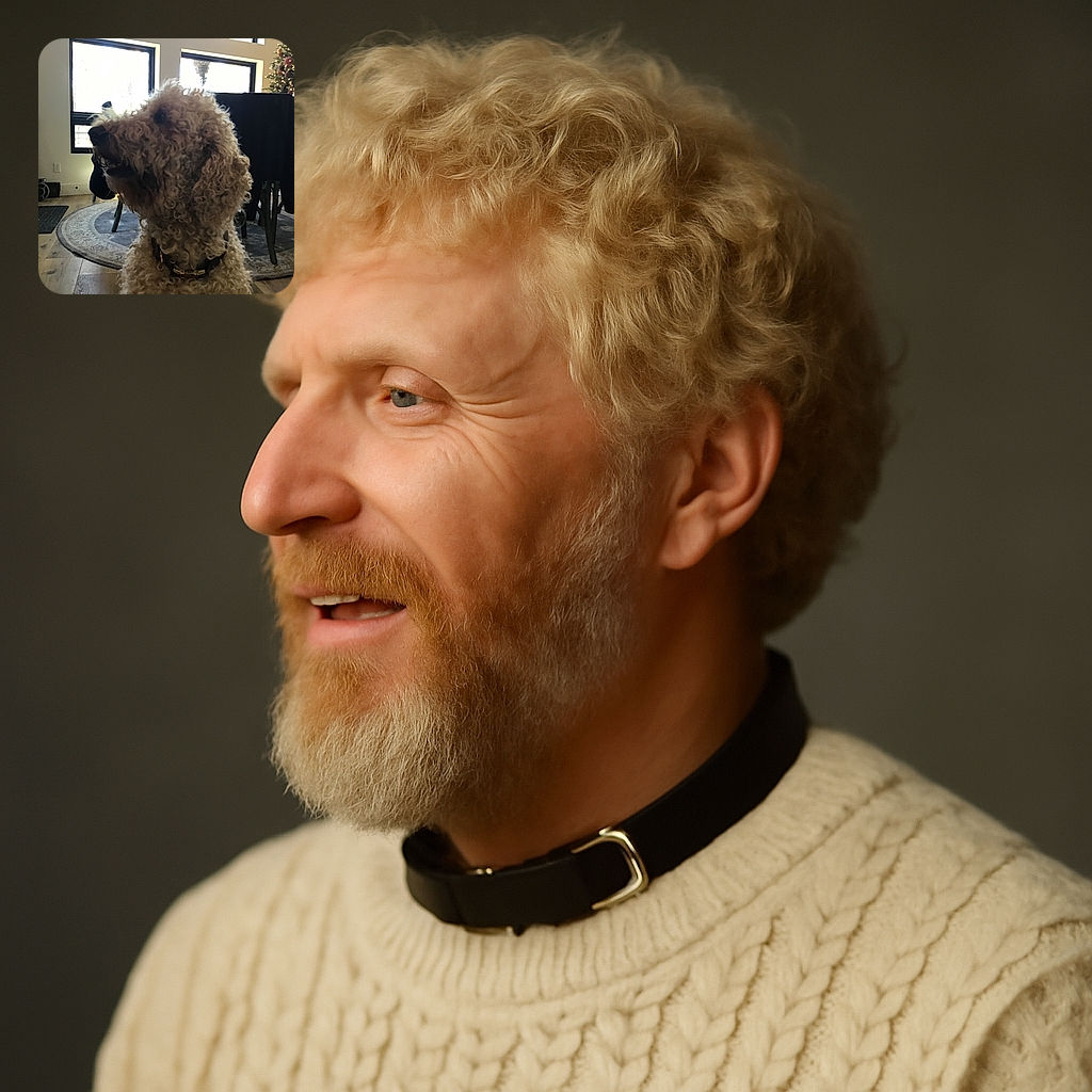 A curly-haired dog is captured indoors, sitting near a dining area with a Christmas tree lit up in the background. The photo has a cozy holiday vibe but the dog is slightly underexposed, making details a bit shadowy.