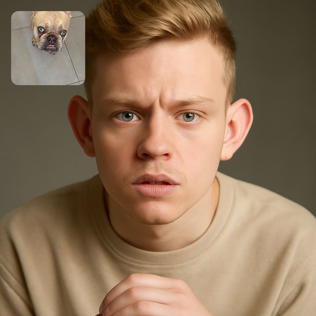 A close-up photo of a French Bulldog with striking blue eyes looking up with a slightly grumpy expression, standing on a tiled floor. The dog's wrinkled face and underbite add a charmingly comical vibe to the image.