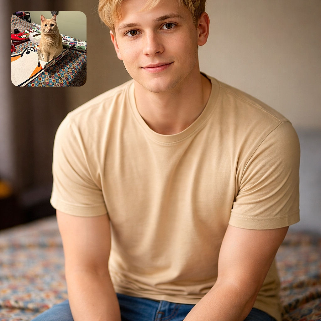 A chubby cream tabby has taken over the gift-wrapping scene, sitting squarely in the torn wrapping paper like it owns the present — wide eyes, twitching whiskers, and a very serious 'I'm helping' expression while holiday rolls and a tissue box form the chaotic court around it.