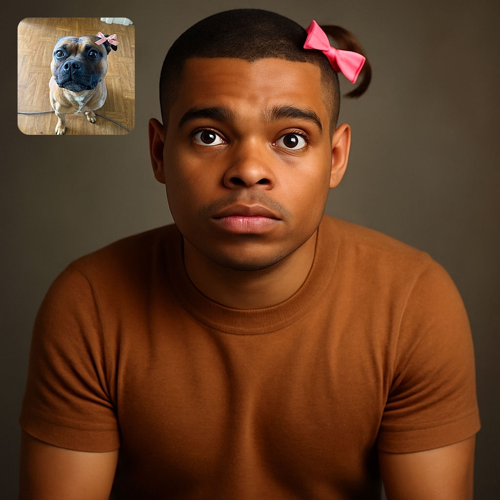 A charming dog with soulful eyes and a tiny pink bow on its ear is sitting on a wooden floor, looking up with an expression that says 'Are you sure you want to say no to this face?' The cozy indoor setting adds warmth to the scene.