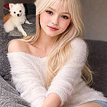 A fluffy white puppy lounges comfortably on a soft gray blanket, with a cozy arm resting behind it. The pup's curious eyes and perky ears make it look like the ultimate cuddle buddy on a chilly day.