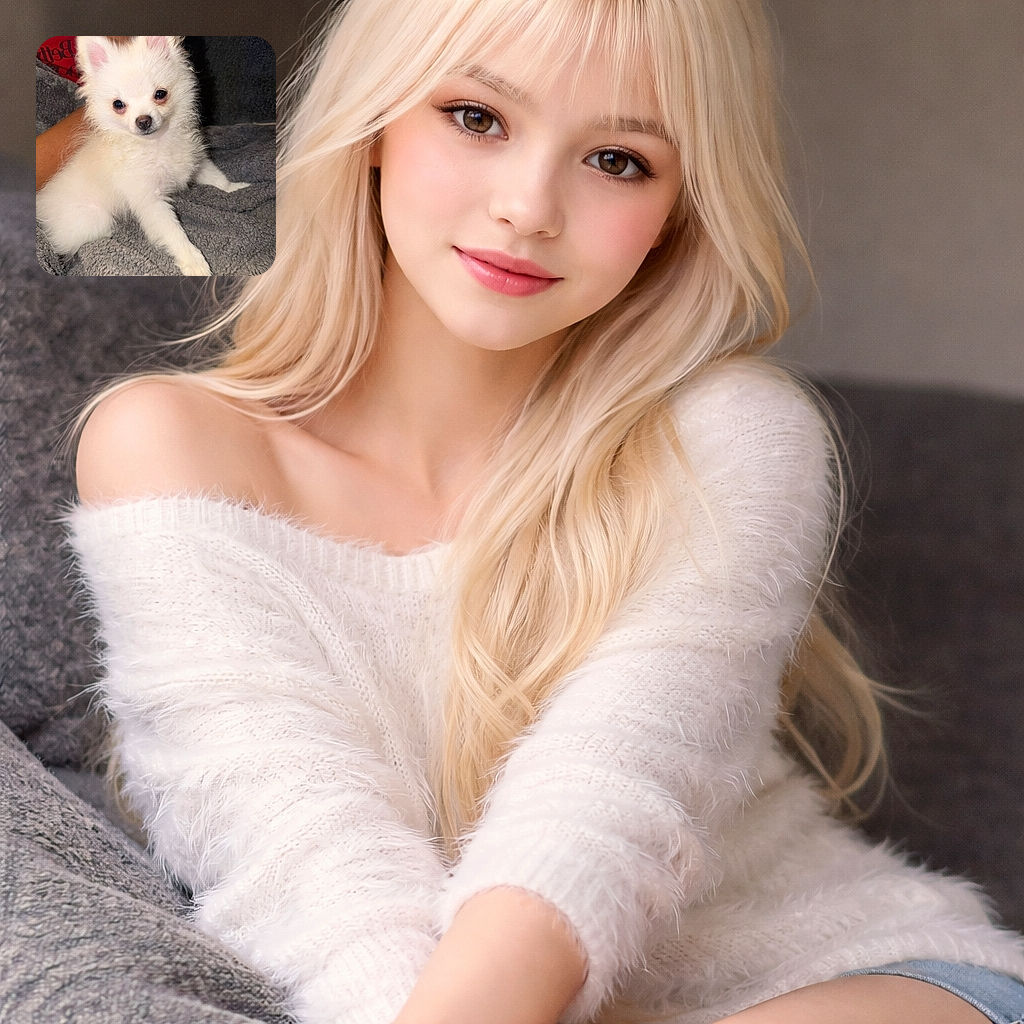 A fluffy white puppy lounges comfortably on a soft gray blanket, with a cozy arm resting behind it. The pup's curious eyes and perky ears make it look like the ultimate cuddle buddy on a chilly day.