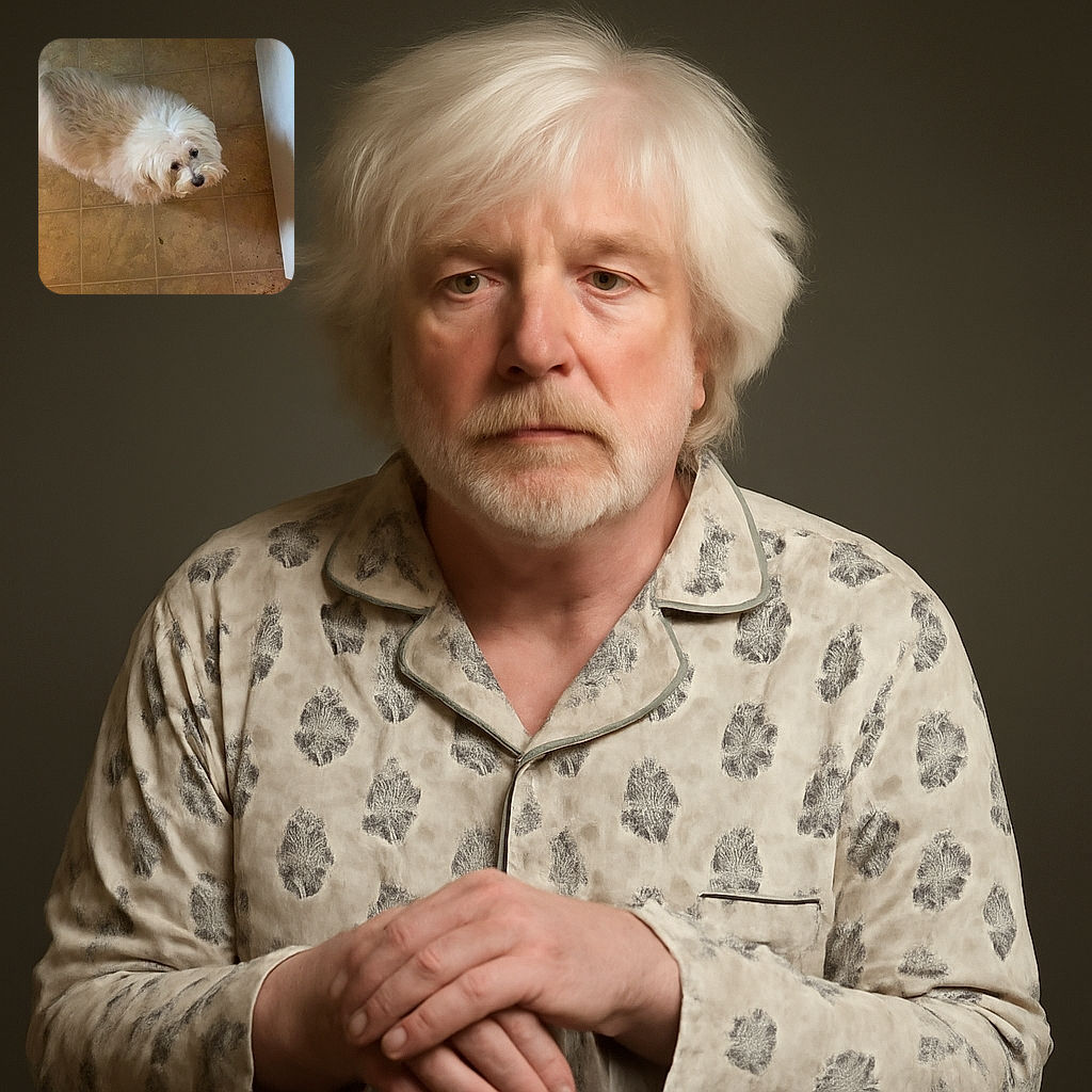 A fluffy white dog looks up with curious eyes from a tiled floor, while a pair of pajama-clad feet stand nearby, suggesting a cozy home moment.