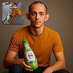 A small dog lounges on a textured blanket with a plush toy shaped like a green bottle labeled 'Dos Patas Cerveza'. The dog looks up with an inquisitive expression, ears perked and front paws resting on the toy, while a large stuffed bear is partially visible in the background.