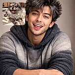 A fluffy, happy dog with a thick, curly mane is lying on a patterned rug indoors, tongue out in a joyful pant, with cozy furniture and a chair in the background, radiating pure canine contentment.