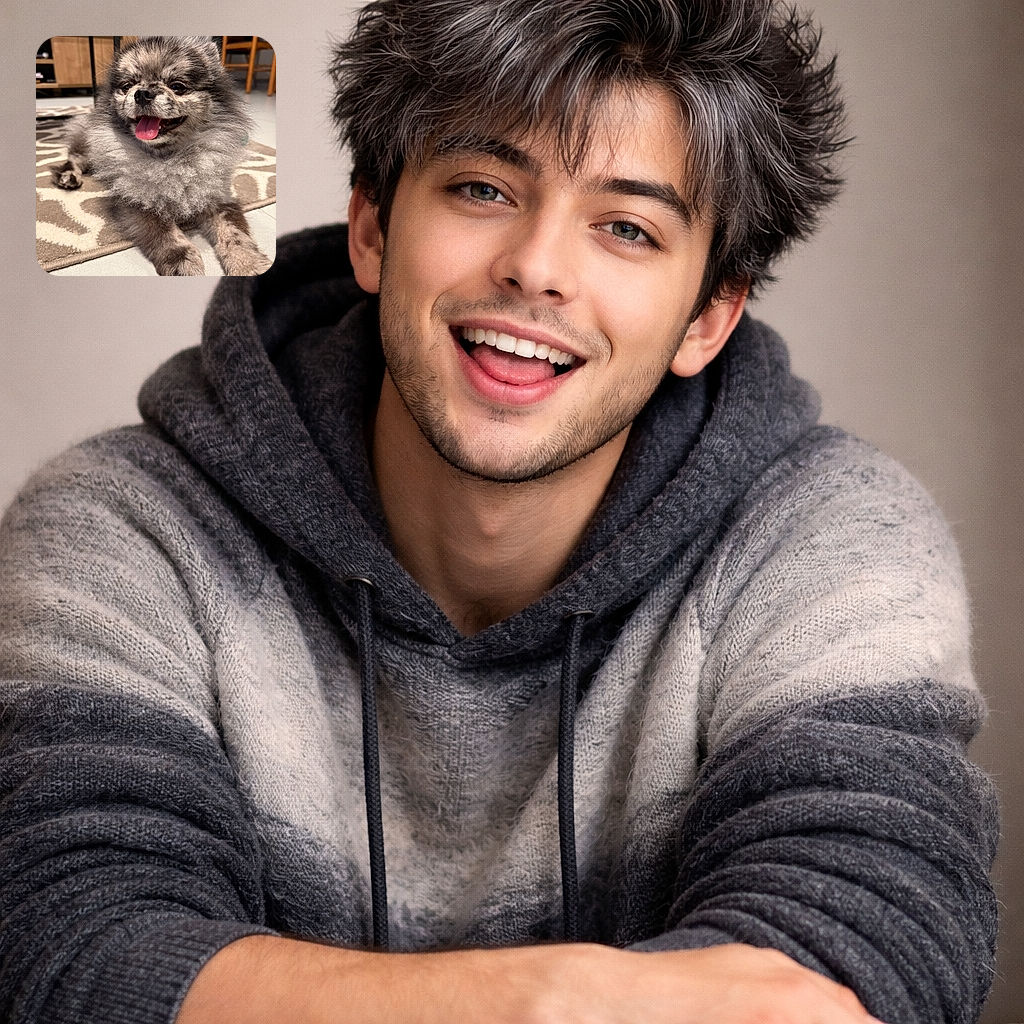 A fluffy, happy dog with a thick, curly mane is lying on a patterned rug indoors, tongue out in a joyful pant, with cozy furniture and a chair in the background, radiating pure canine contentment.