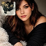 A close-up photo of a tortoiseshell cat lounging on a fluffy white rug, with its bright green eyes staring intently at the camera, showcasing the intricate patterns of its fur in sharp detail.