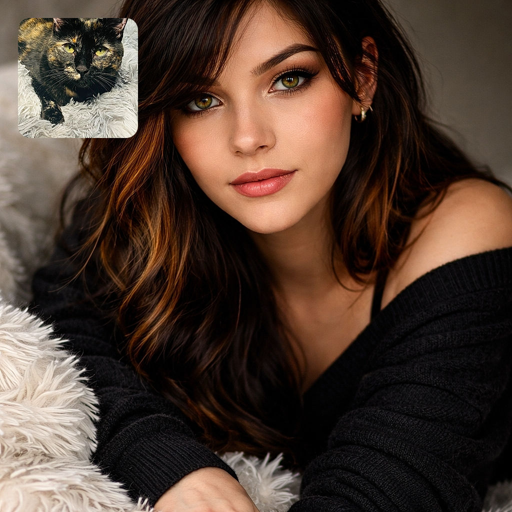 A close-up photo of a tortoiseshell cat lounging on a fluffy white rug, with its bright green eyes staring intently at the camera, showcasing the intricate patterns of its fur in sharp detail.