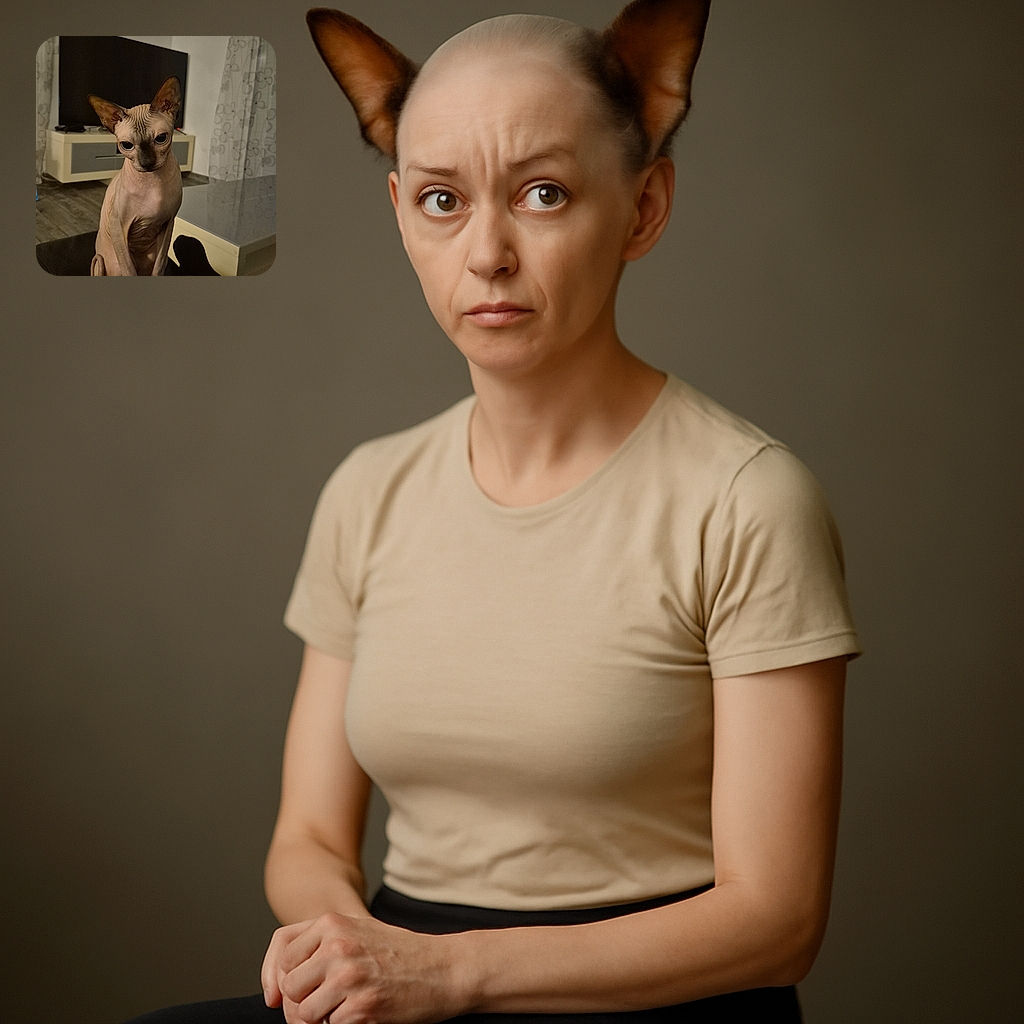 A curious Sphynx cat with large, expressive eyes and wrinkled skin sits attentively on a person's lap in a cozy living room, with a TV and sheer curtains in the background.
