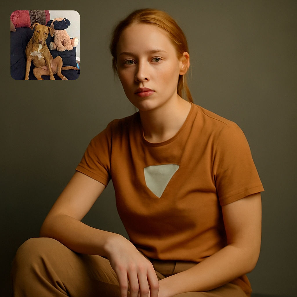 A relaxed brown dog with a white chest patch is sitting comfortably on a black couch, next to a large plush dog toy. The background features red and brown cushions against a plain wall, creating a cozy indoor setting.