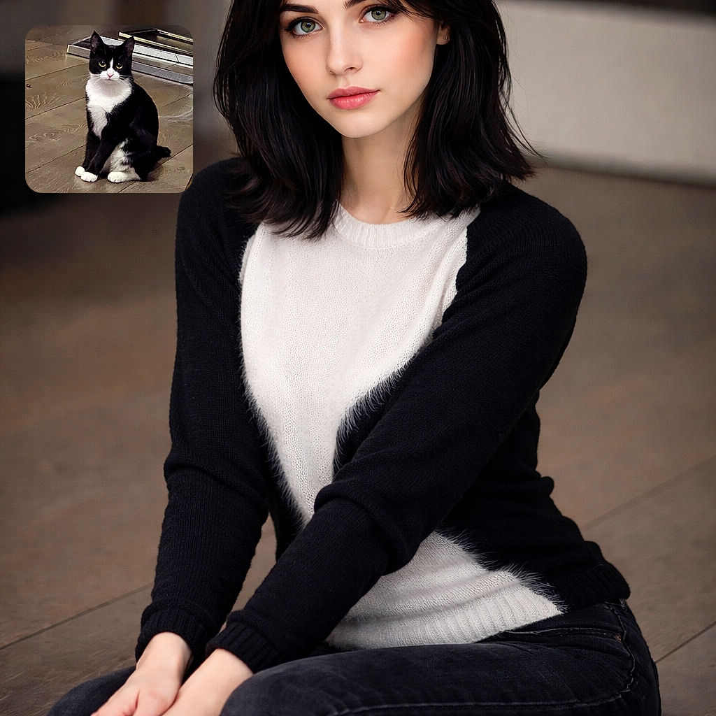 A poised tuxedo cat sits elegantly on a wooden floor, staring directly at the camera with curious eyes. The background includes some furniture and a reflective surface, adding depth to the cozy indoor setting.