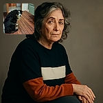 A fluffy black and white dog with a soulful gaze sits patiently on a wooden floor in a cozy home setting, looking back as if caught mid-thought while the warm lighting highlights its soft fur.