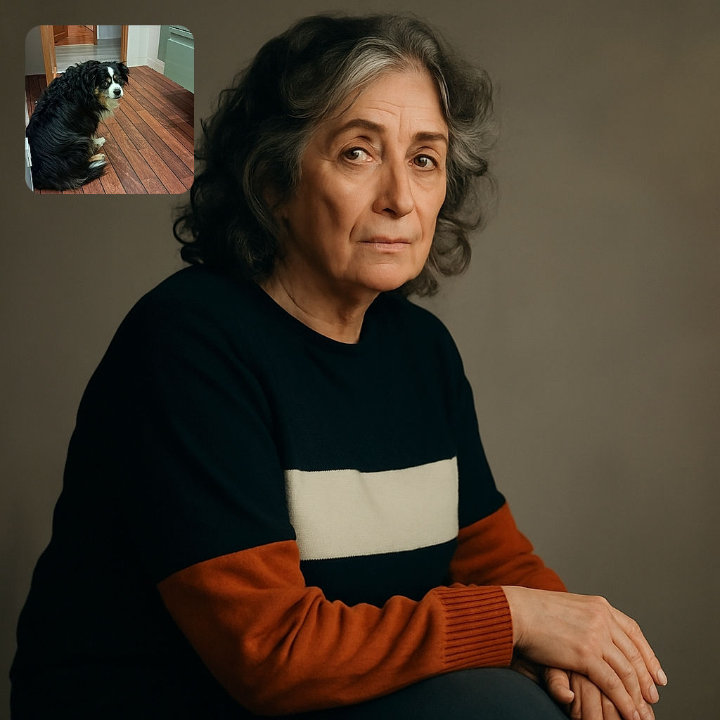 A fluffy black and white dog with a soulful gaze sits patiently on a wooden floor in a cozy home setting, looking back as if caught mid-thought while the warm lighting highlights its soft fur.