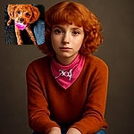 A fluffy, caramel-colored dog with big, soulful eyes lounges on a textured dark couch, sporting a bright pink bandana that adds a pop of color and personality to this cozy and charming portrait.