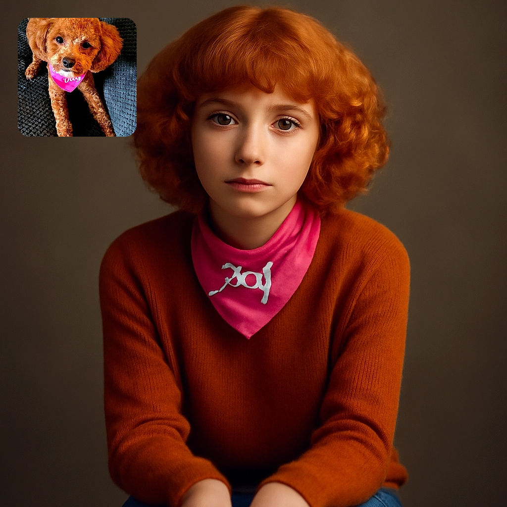 A fluffy, caramel-colored dog with big, soulful eyes lounges on a textured dark couch, sporting a bright pink bandana that adds a pop of color and personality to this cozy and charming portrait.