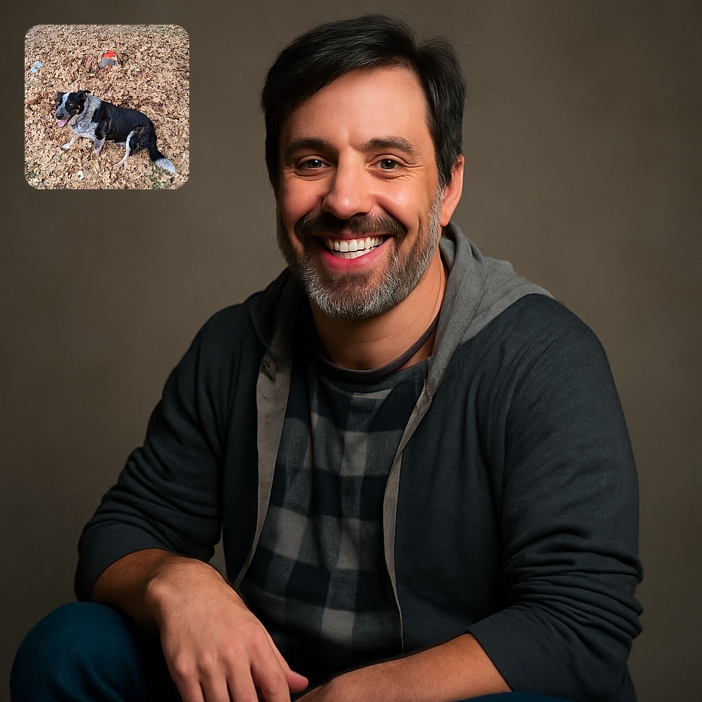 A happy black and white dog sits among a thick carpet of brown leaves, while a person is almost completely buried under the leaves with only their hands, shoes, and a colorful hat visible, creating a playful autumn scene.