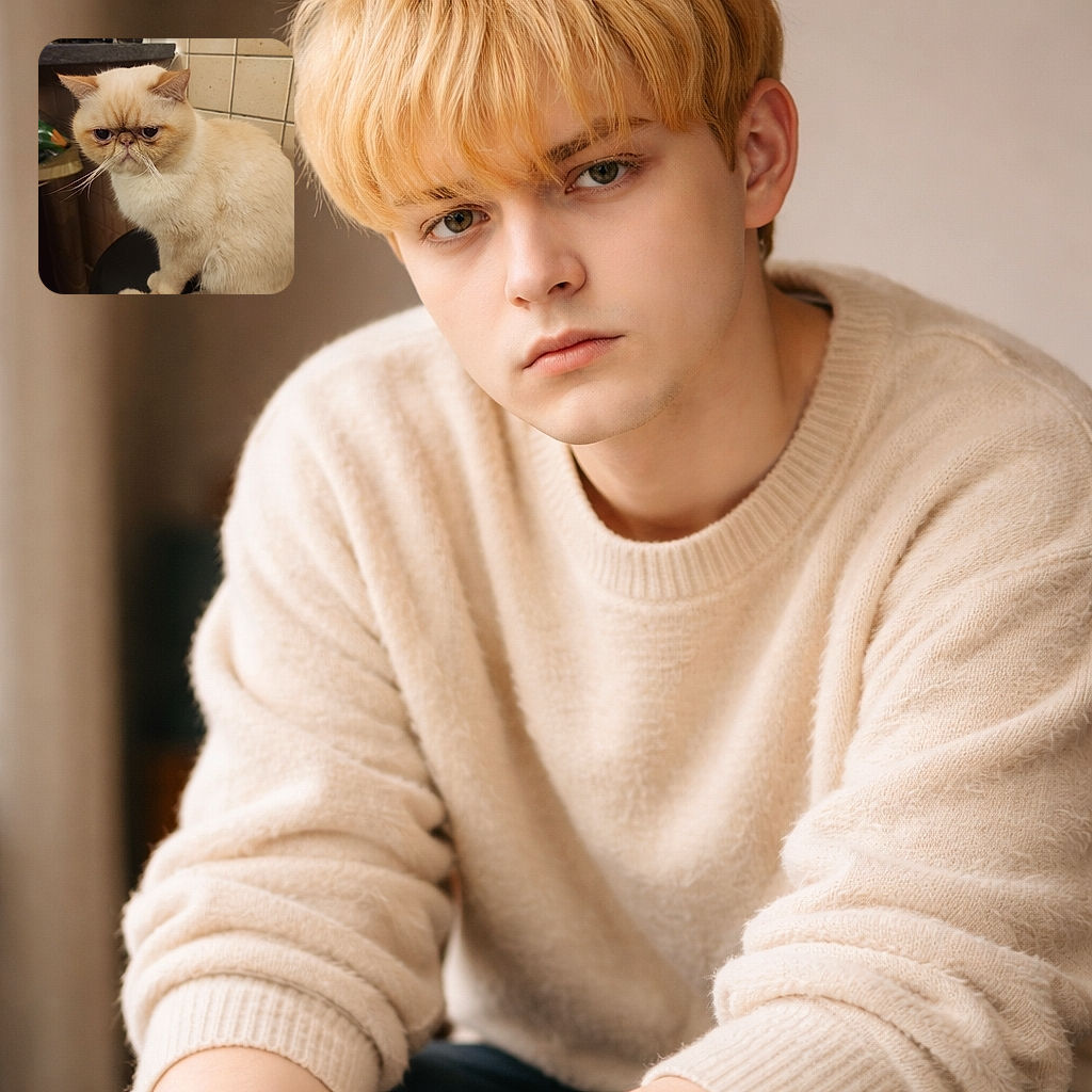 A grumpy-looking cream-colored cat perches on a black stool in a cozy kitchen — enormous whiskers on display, fluffy orange-ringed tail curled around the seat, and a backdrop of tiled walls and condiment bottles as if plotting world domination between snack runs.