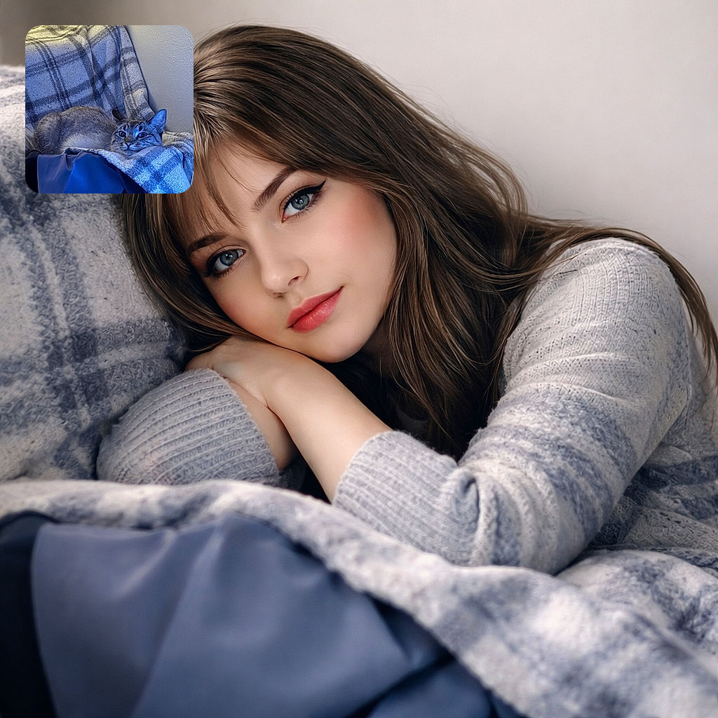 A very chill tabby has claimed the plaid blanket throne — half-buried in fabric with a look that says 'this is my spot, feed me later.' Soft indoor light and cozy textures complete the lazy-cat portrait.